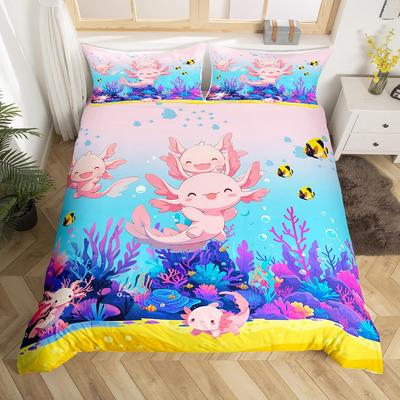 Cartoon Axolotl Duvet Cover Queen Twin Size Salamander Bedding Set for Kids Boys Girls Kawaii Sealife Creature Comforter Cover