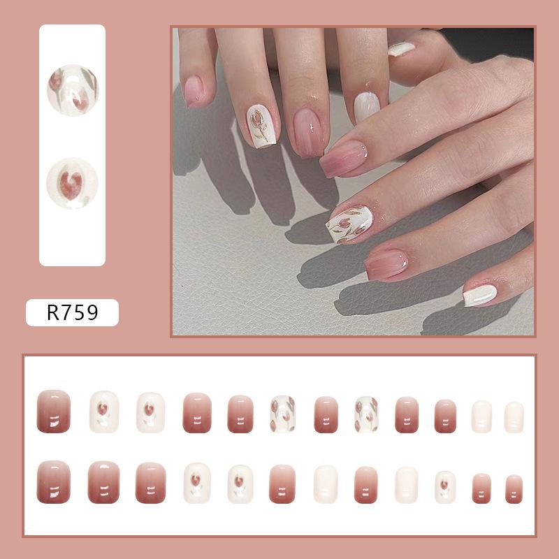 24 Pcs Love Sweet Girl Temperament Nail Art ins Minimalist Style White Fake Nails No Carving and Grinding Finished Products Wear Nail