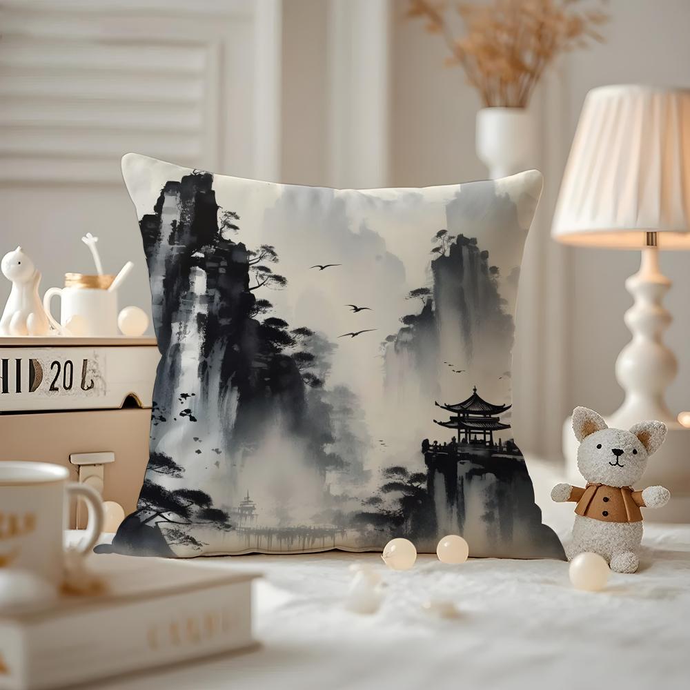 Chinese Ink Painting Style Cushion Cover Anti-dustmite Pillowcase Invisible Zipper Silky Short Plush Sofa Cushion Cover