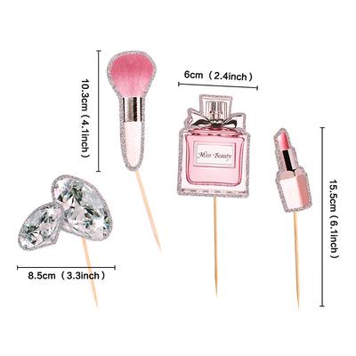 7PCS Makeup Cupcake Toppers Glitter Cosmetics Lipstick Eyelashes Cake Picks Queen Perfume Eyelash Diamond Brush Cake Topper Set