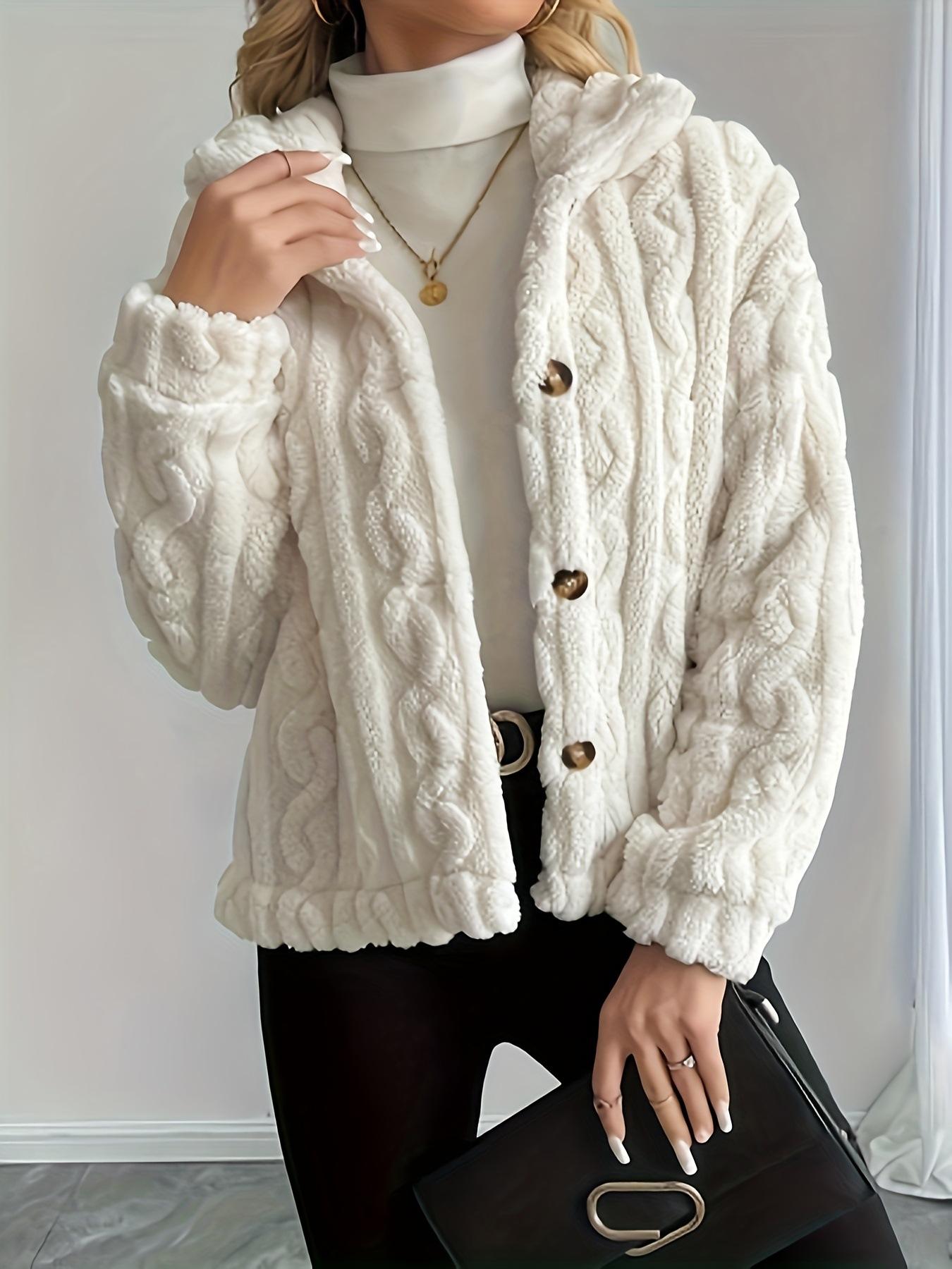 

Women s Hooded Knit Cardigan with Cable Texture and 3 Brown Buttons XS белый