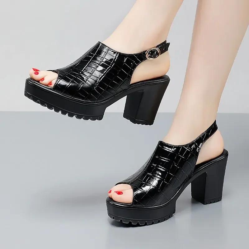 Small Size 32-43 Elegant  Block High Heels Sandals Patent Leather Shoes Summer 2025 Thick Platform Sandals Women Office Model