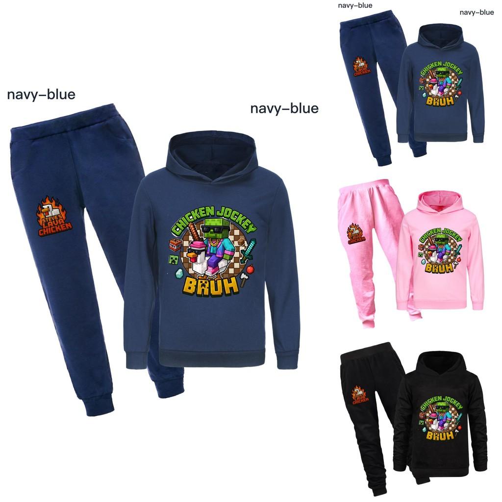 Minecraft Hühner-Jockey Kinder Cartoon Hoodie und Hose Set Aus Baumwolle Für Lässige Winterkleidung