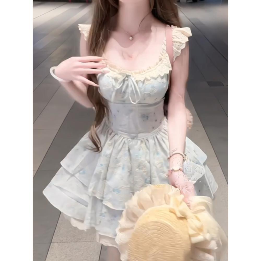 French sweet floral embroidery dress women's summer new square neck waist thin fairy princess dress
