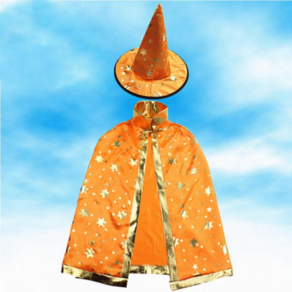 Children's Magic Wizard Cloak and Hat Set Star Pattern Long Robe Costume Cape for Performance Dress Up and Role Play Accessories