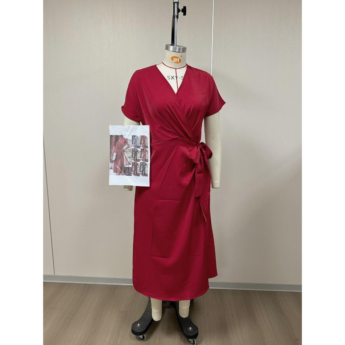Women s V Neck Short Sleeve Midi Dress Slim Fit Elegant Satin Wrap Tie Midi Gown S