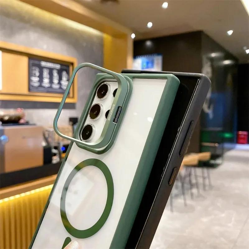 Magnetic Lens Protector Stand Phone Case For Samsung S25 S24 S23 S22 Ultra Plus FE Clear Magsafe Wireless Charge Hard Back Cover