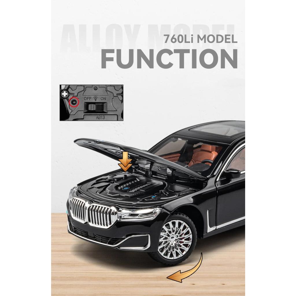 1/24 BMW 760 THE7 Limousine Alloy Miniature Car Diecast Metal Scale Car Model Sound and Light Collection Children Toy Vehicles Gifts