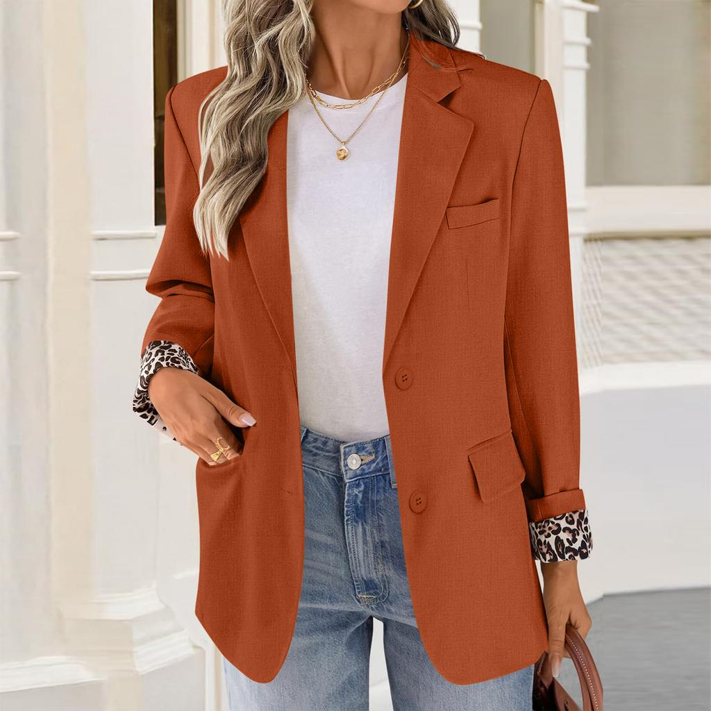 Women’s Long Sleeve Lapel Blazer with Leopard Print Cuffs Single Breasted Button Closure Classic Fit Jacket for Office or Casual Wear