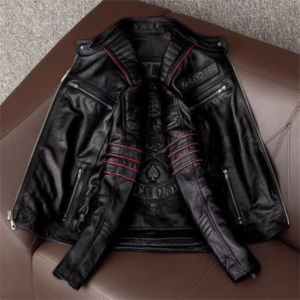 [TONGFANG] Chaqueta de Motocicleta, Chaqueta para Hombre, Chaqueta de Motociclista, Bordado, Cuero Genuino