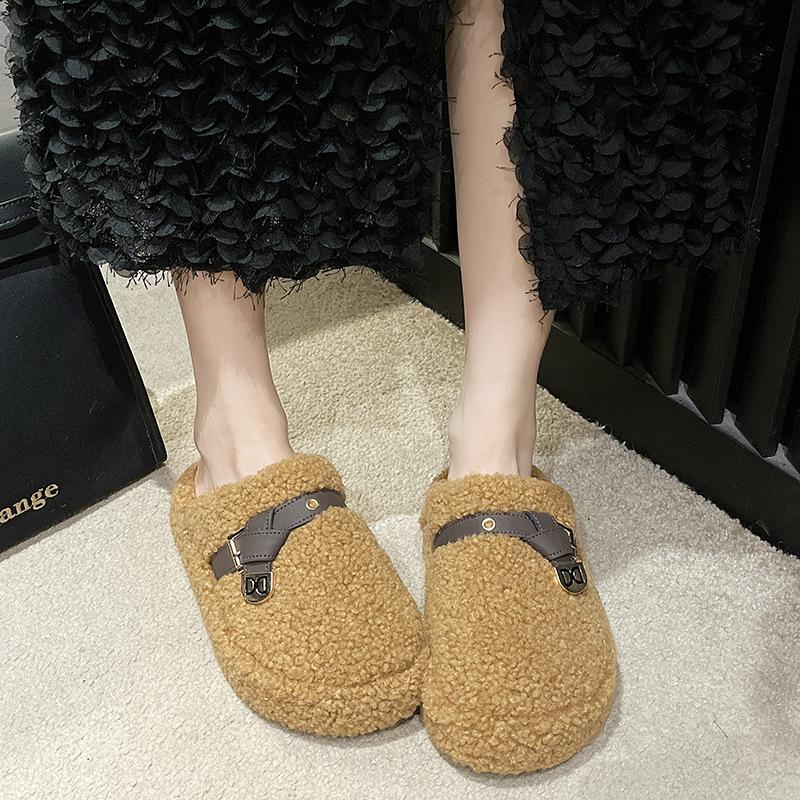 Niche Mao Mao Slippers Women's Wear 2025 New Autumn and Winter Internet Celebrity Versatile Lamb Wool Thick-bottomed Cotton Slippers