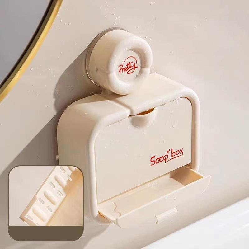Suction Cup Flip Soap Box Punch-Free Soap Box Wall-Mounted Storage Rack Home Drain Storage Bathroom Toilet
