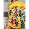 Fun Graffiti Dog Pattern Printed Round Neck Short Sleeve Women's Summer Loose Dress