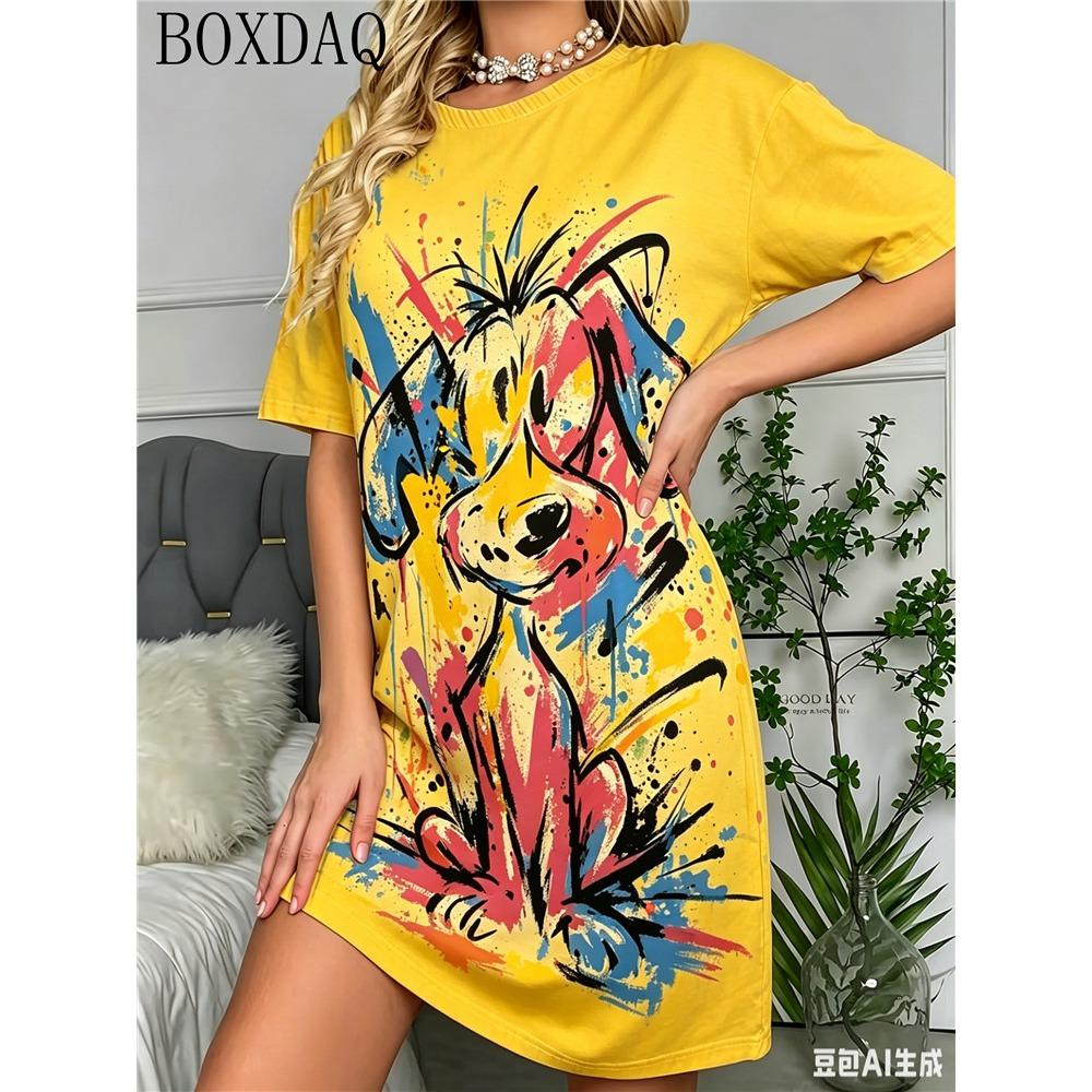 Fun Graffiti Dog Pattern Printed Round Neck Short Sleeve Women's Summer Loose Dress