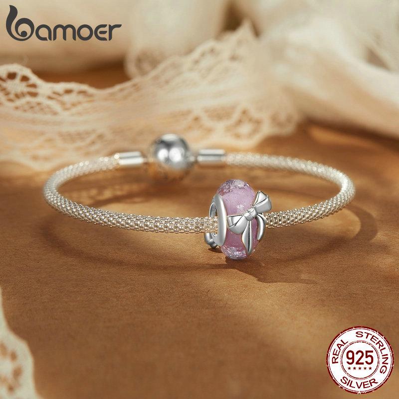 BAMOER Solid 925 Sterling Silver Bowknot Murano Charm Bead fit Original Bracelet DIY Bamoer Charm for Jewelry Making