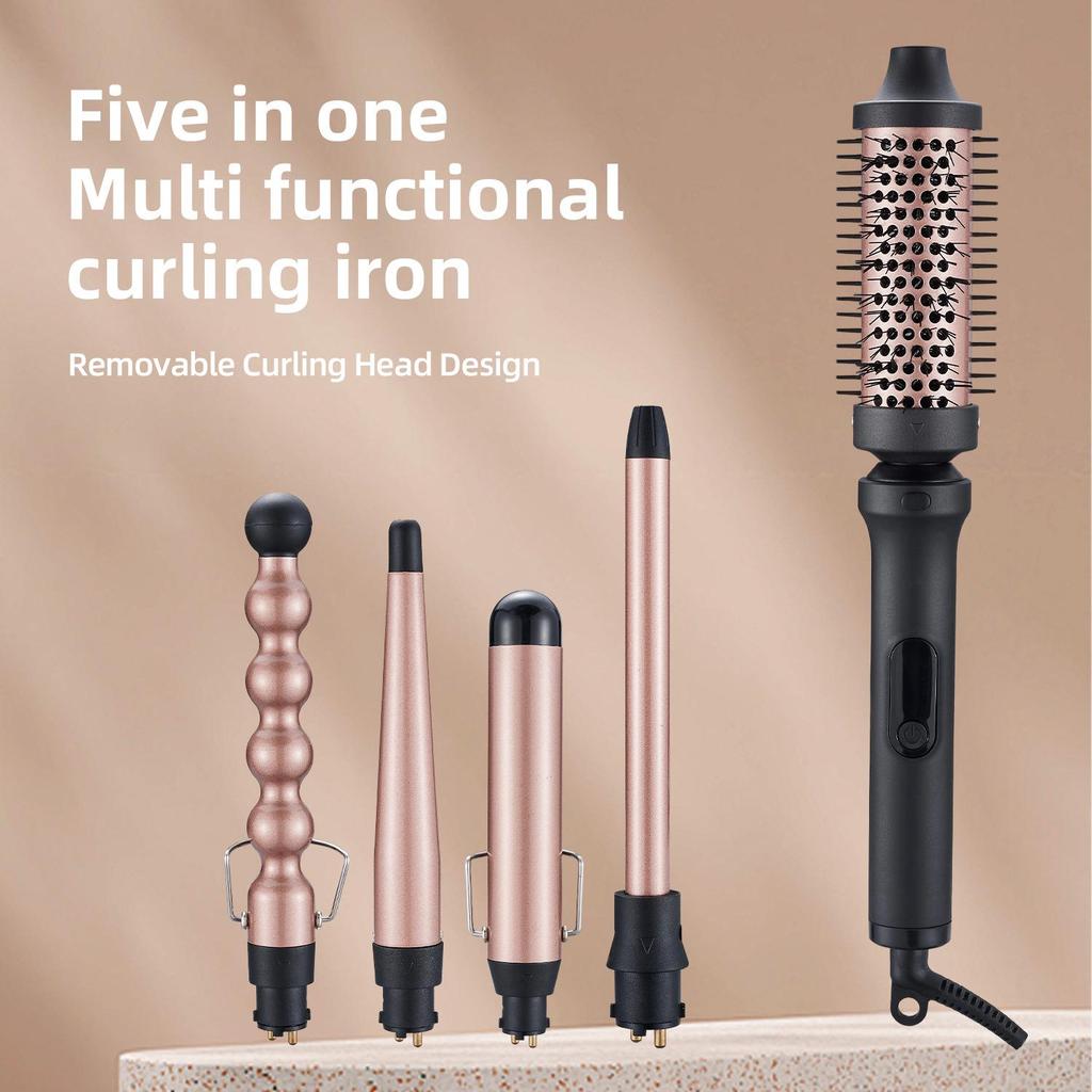 Five-in-One Interchangeable Barrel Curling Iron and Straightener with Replaceable Heads and Fluffy Comb