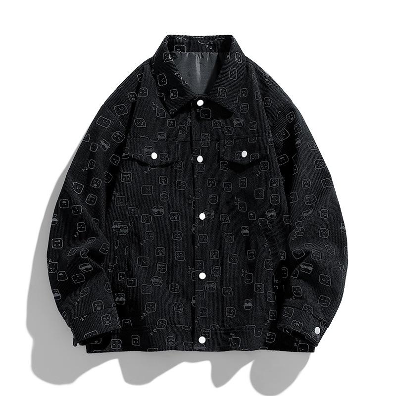 Płaszcz męski wiosenno-jesienny sztruksowy z klapami modny casualowy trend pełny nadruk prosty duży rozmiar płaszcz kurtka męska