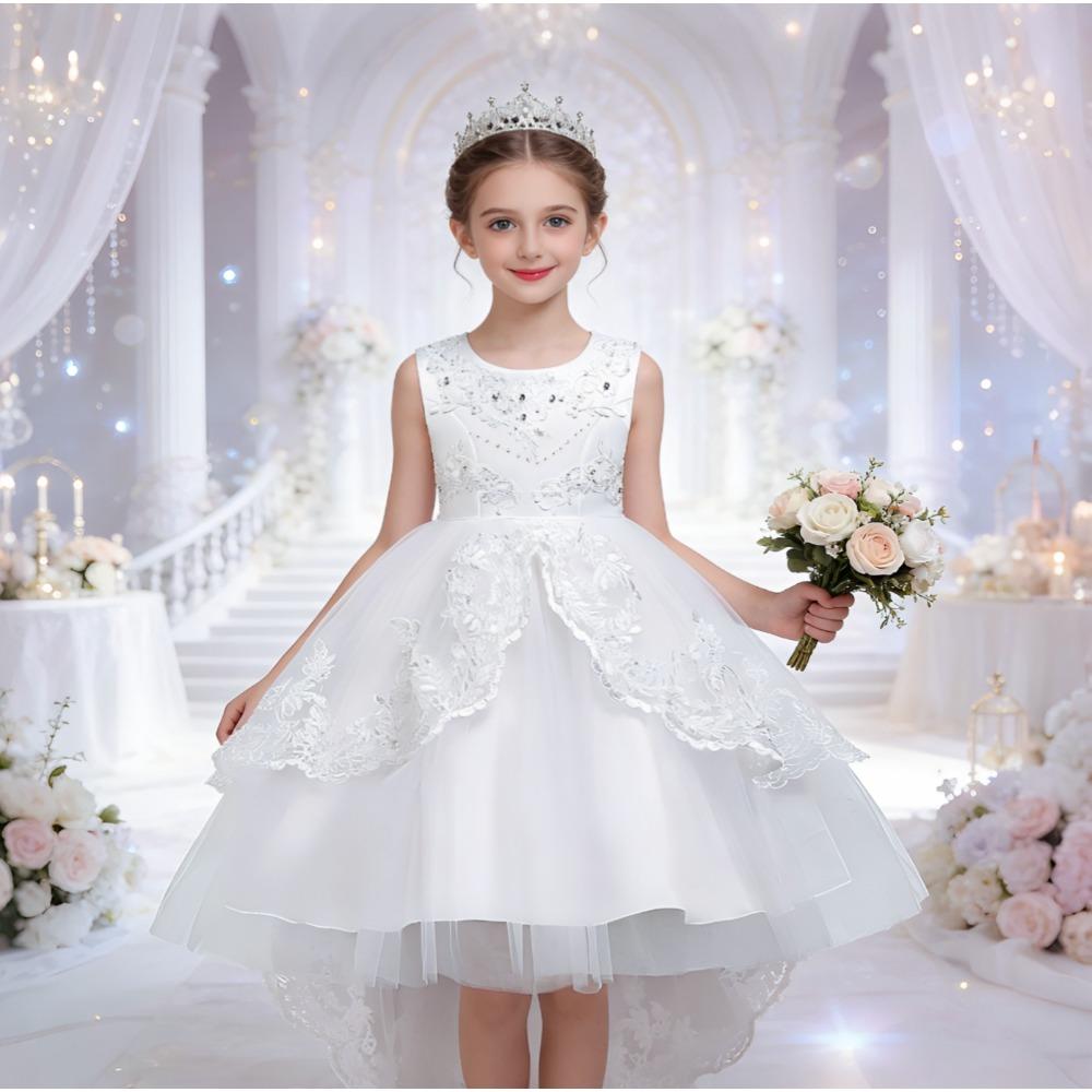 Girls' formal dresses, children's princess dresses with trains, beaded dresses for girls, and outfits for young presenters on the catwalk