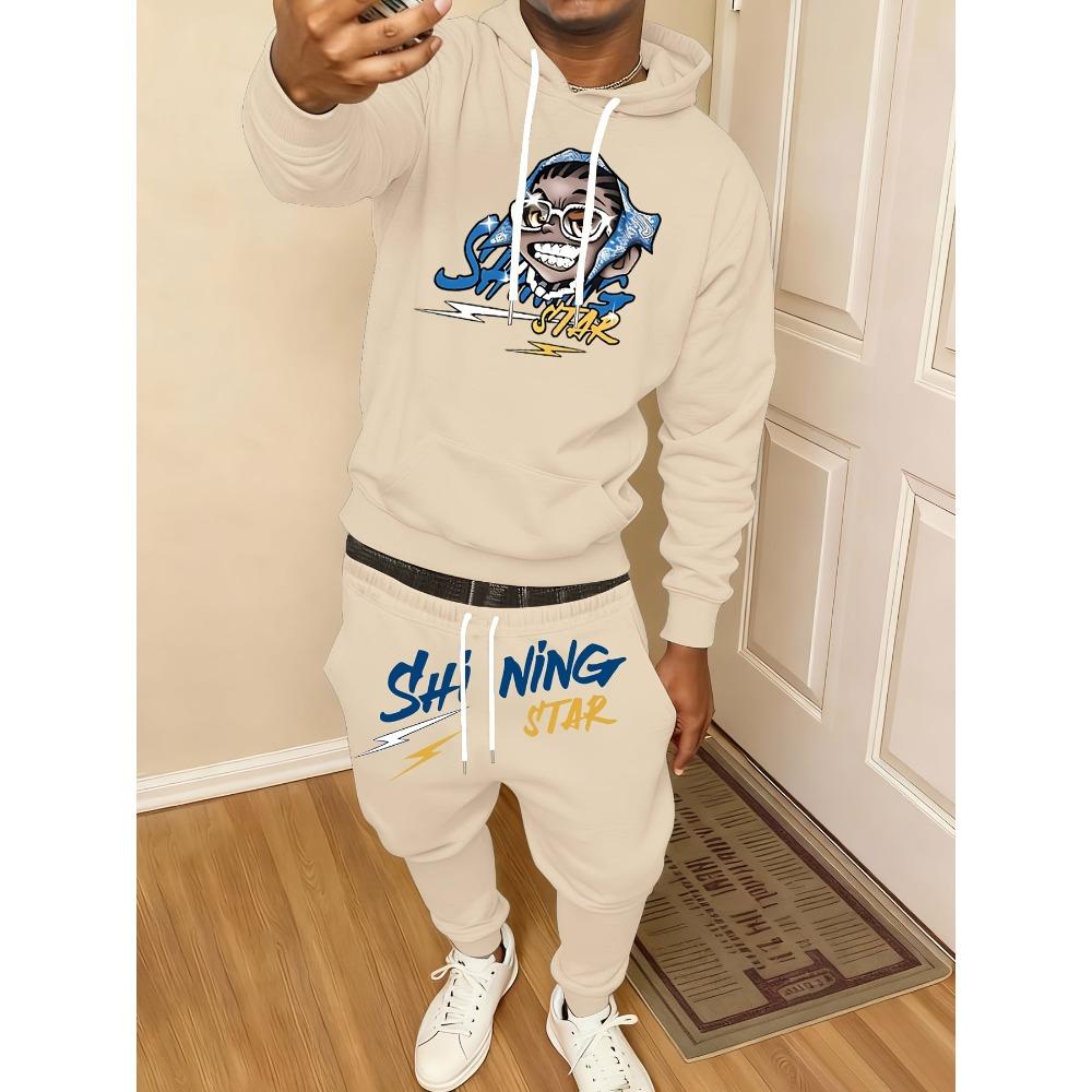 Classic Men's Casual Suit, Printed Drawstring Hoodie with Pockets and Drawstring Running Pants, a Must Have for Fashionable Men