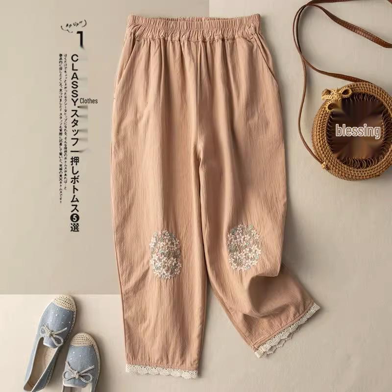 Women's Ethnic Embroidered Lace Trim Cotton Linen Harem Pants - Early Spring Loose Fit, Elastic Waist