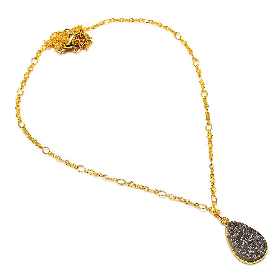 Pyrite Druzy Gemstone Handmade 925 Sterling Silver Jewelry Necklace 20" GK-5008