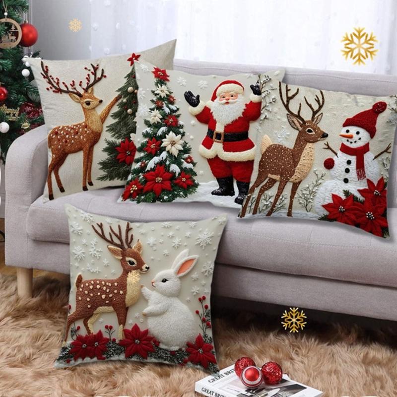 Printed Elk Rabbit Santa Snowman Holiday Decorative Linen Cushion Cover Christmas Pillowcase For Living Room Bedroom