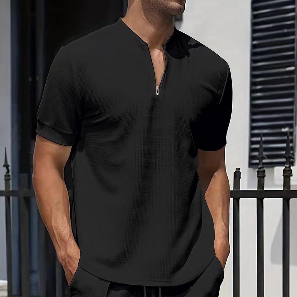 Men's Summer New Zipper Stand Up Neck Solid Short Sleeved T-shirt
