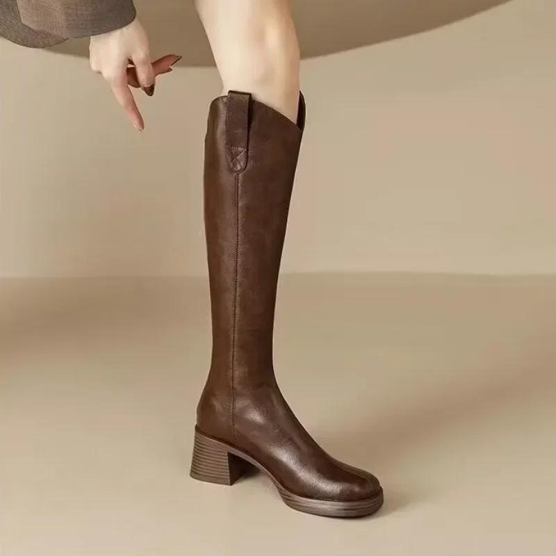 

Shoes Female 2024 New Knee-High Women s Boots Classics Modern Boots Women Sewing Round Toe Back Zip Chunky Heels Shoes Ladies 35