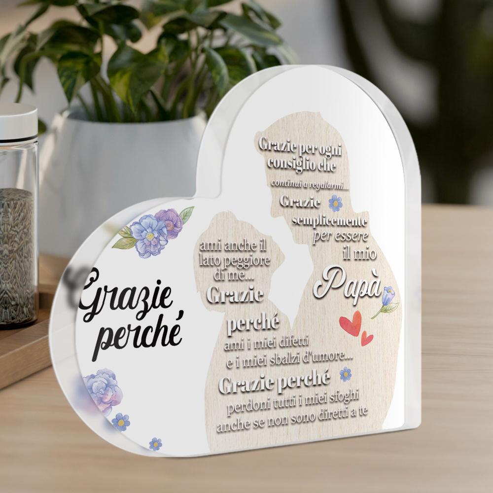 Italian Heart-Shaped Acrylic Sign Table Decor - Contemporary Farmhouse Style with Floral Design & 'Grazie' Thank You Message, Battery 