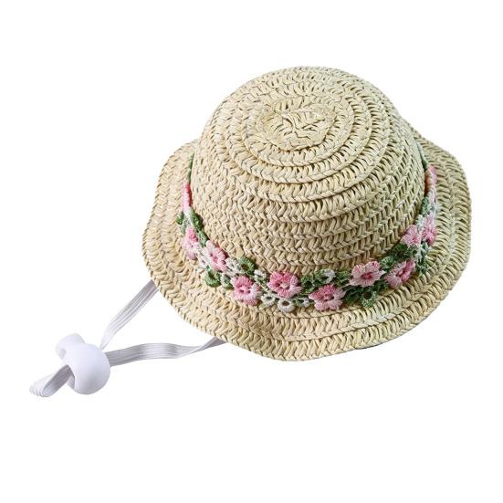 Yousheng Pet Straw Hat, Embroidered Floral Summer Cat Hat, Woven Scalloped Edge Pet Sun Hat with Adjustable Strap for Cats And Small Dogs