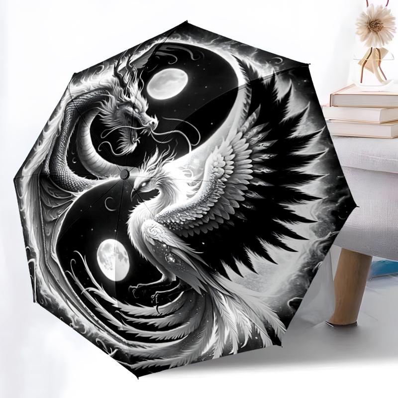 1pc Yin Yang Dragon and Phoenix Automatic Umbrella Design, Cute Cartoon Pattern, Portable Outdoor Umbrella, Perfect A097