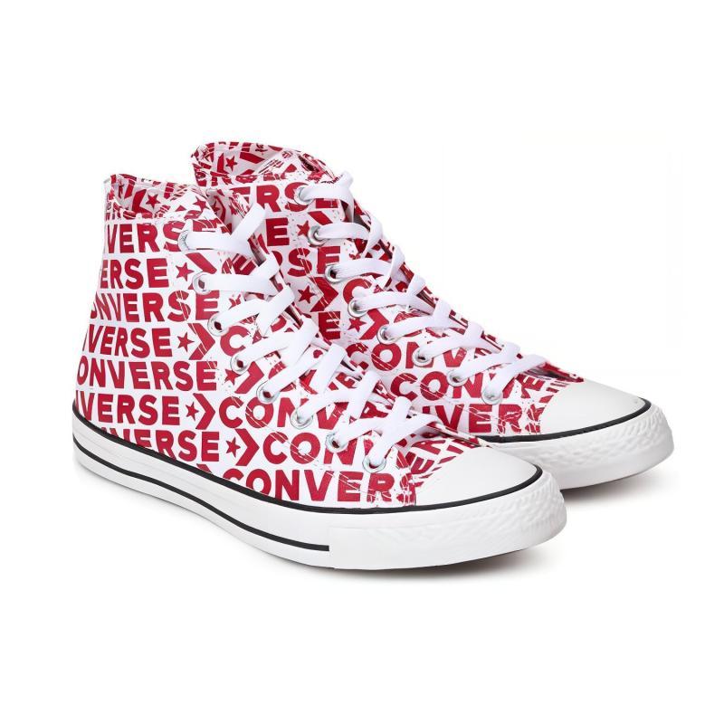Converse Chuck Taylor All Star Full Print LOGO Casual High-Top Canvas Shoes Unisex Style White and Red