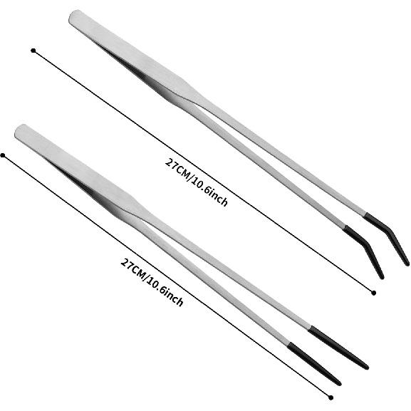 2PCS Stainless Steel Reptile Feeding Tongs with Rubber Tip, 10.6” Straight & Curved Long Tweezers for Aquarium or Craft, Bearded Dragon Tank Snakes