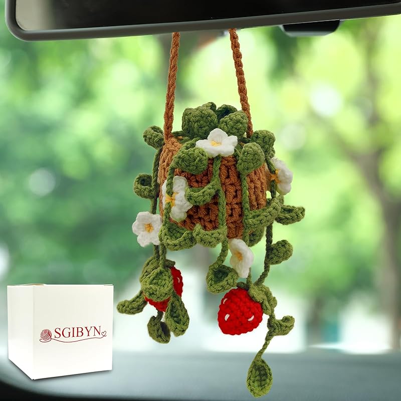 Crochet Hanging Plant for Car,Car Decorations Interior,Plant Strawberry Aesthetic Car Accessories for Women Interior Cute,Car Ornaments Charms for