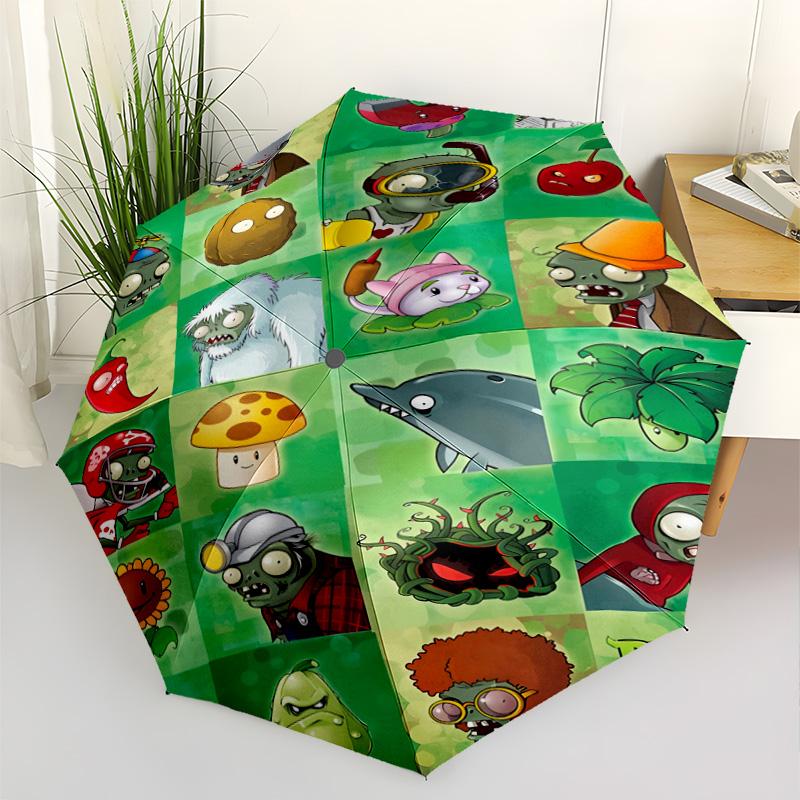 Plants Vs Zombies Adventure Compact Travel Automatic Umbrella Compact & Durable 8-Rib Design Sturdy Construction All-Season Umbrella for Travel