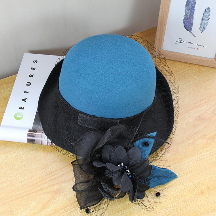 Wool Hat Women Autumn and Winter British Retro Basin Hat European and American Mesh Flower Hat