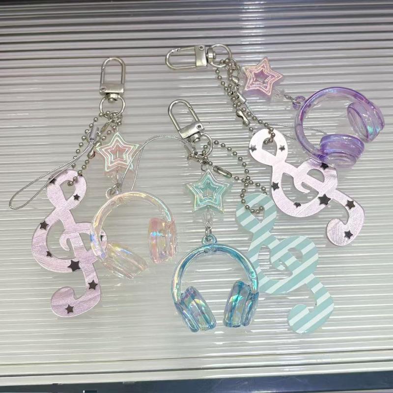 1Pcs Y2K Musical Notes Star Earphone Beaded Keychain Creative Mini Headset Pendant Keyring Paired Lanyard Key Chain