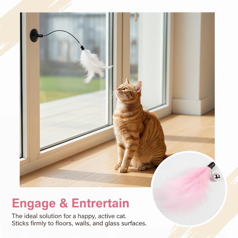 Cat Feather Wand Toy with Strong Suction Cup Interactive Play for Kittens Bell and Flexible Feather Stick for Desk Use