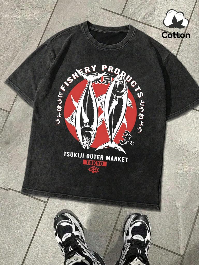 Tokyo Fishery Products Prints Washed TShirt Mens Cotton Oversized Tops Casual Short Sleeve T Shirts Summer ONeck MenS Clothes