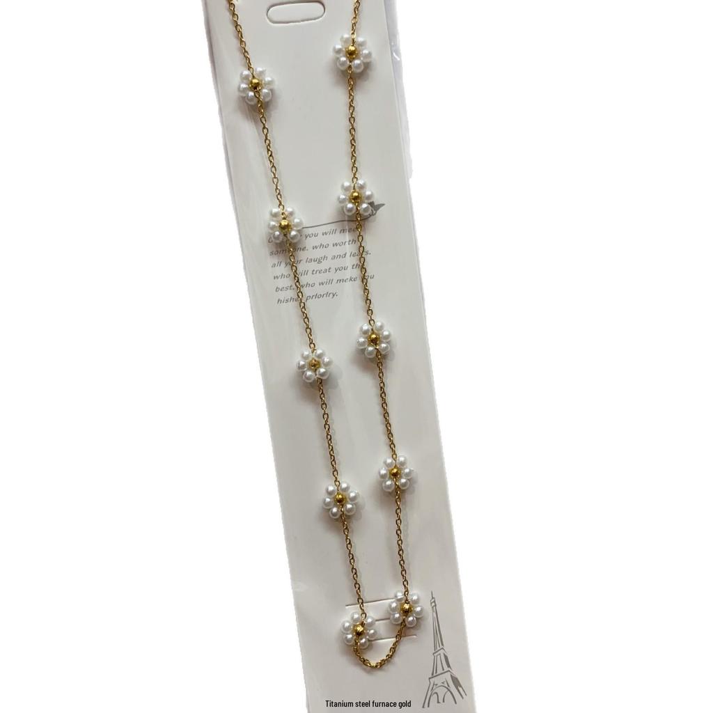 Evropský a Americký Styl Titanová Ocelová Náhrdelník s Květinovým Vzorem z Perel, Srdíčkem a Čtyřlístkem