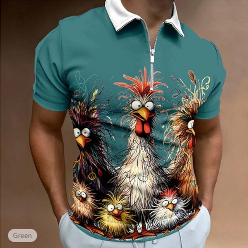 Casual Lapel T-shirt Young Men's Fashion Zipper T-shirt Short Sleeve T-shirt Men's 3D Chicken Graffiti Print T Shirt