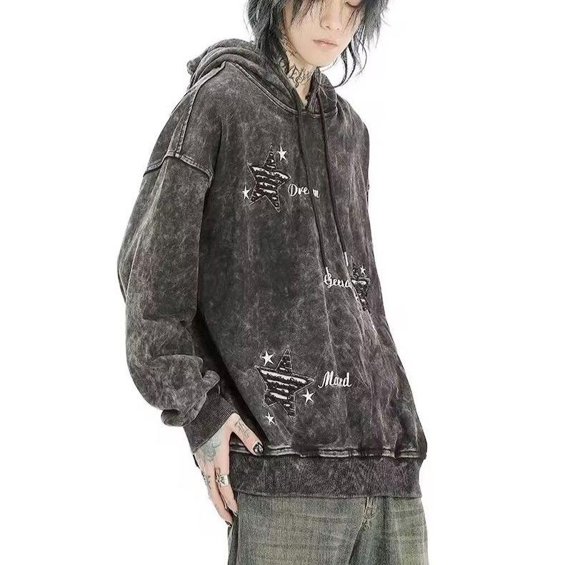 American Style Star Printed Washed Hooded Sweatshirt Couples Hip-hop Loose Casual High Street Y2K Hoodies Male Clothes