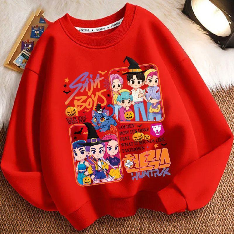 Children's Witch Hunt Team Round-neck Hoodie for Autumn and Winter, Loose Long-sleeved Casual Tops for Boys and Girls