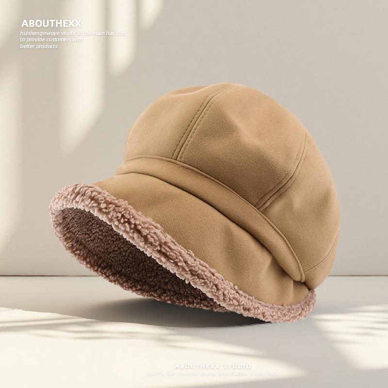 

Fisherman Hat Plus Velvet Japanese Style Cold Proof Ear Protection Basin Hat Casual and Versatile Octagonal Beret Trend M（56-58cm）