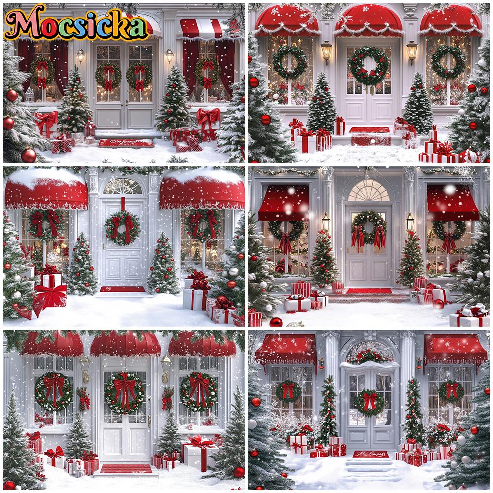 Mocsicka Christmas White House Backgrounds Photography Snow Family Party Photo Backdrops Red Bow Green Wreath Tree Decors Banner