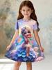 Toddler Girls Fantasy Cartoon Pattern Gown Summer Lightweight Short Sleeve Round Neck Dress Outdoor Holiday Birthday Elegant