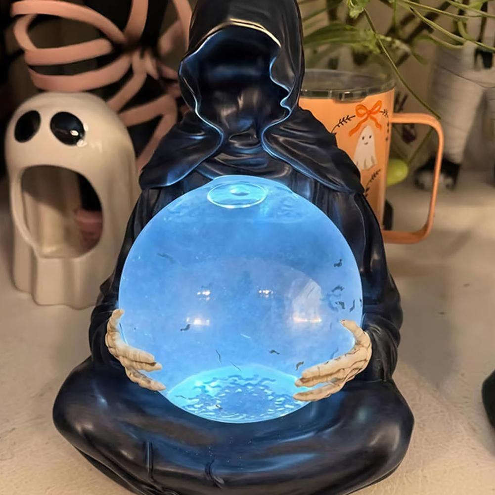 Grim Reaper Figurine with Light Up Ball Crystals Glowing Balls with Floating Bat The Death God's Crystal Balls for Halloween