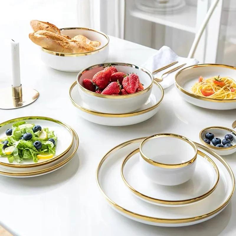 Gilt Rim White Porcelain Dinner Tray Food Dishes Rice Salad Noodles Bowl Ceramic Plates Bowls Kitchen Plates Ceramic Tableware