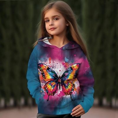 Girls' 3D Butterfly Hoodie Pullover Long Sleeve 3D Print Fall Winter Active Fashion Cute Polyester Kids 3-12 Years Outdoor Casual Daily Regular Fit