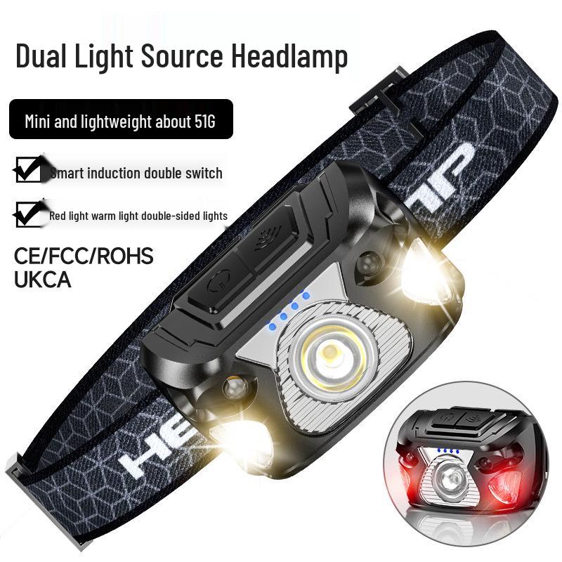 USB Rechargeable LED Headlamp with Sensor, Long Battery Life, High Brightness, Red Light Mode for Fishing, Cycling, and Outdoor Work